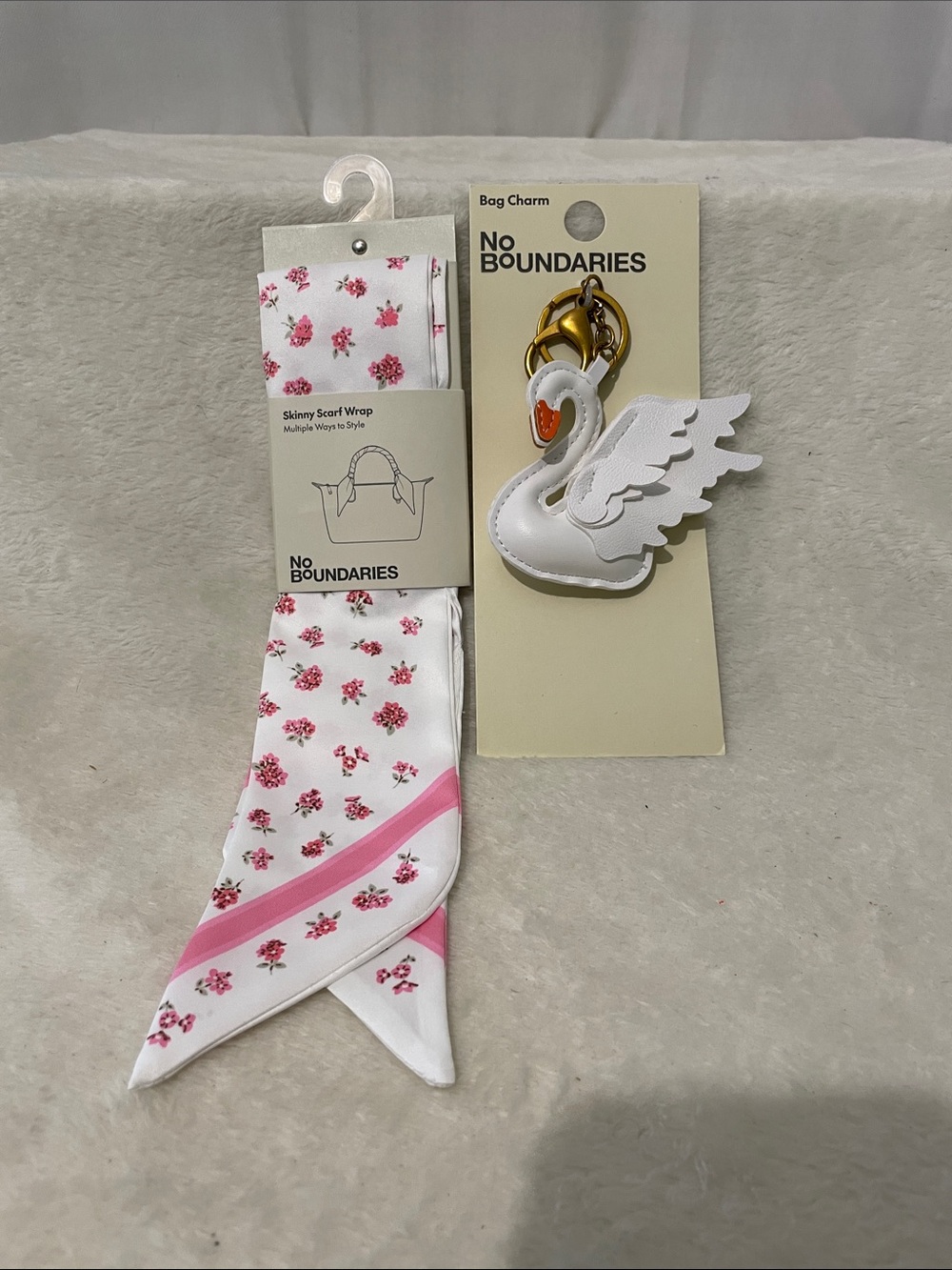 NEW No Boundaries White and Pink Floral Skinny Scarf with Swan Bag Charm
